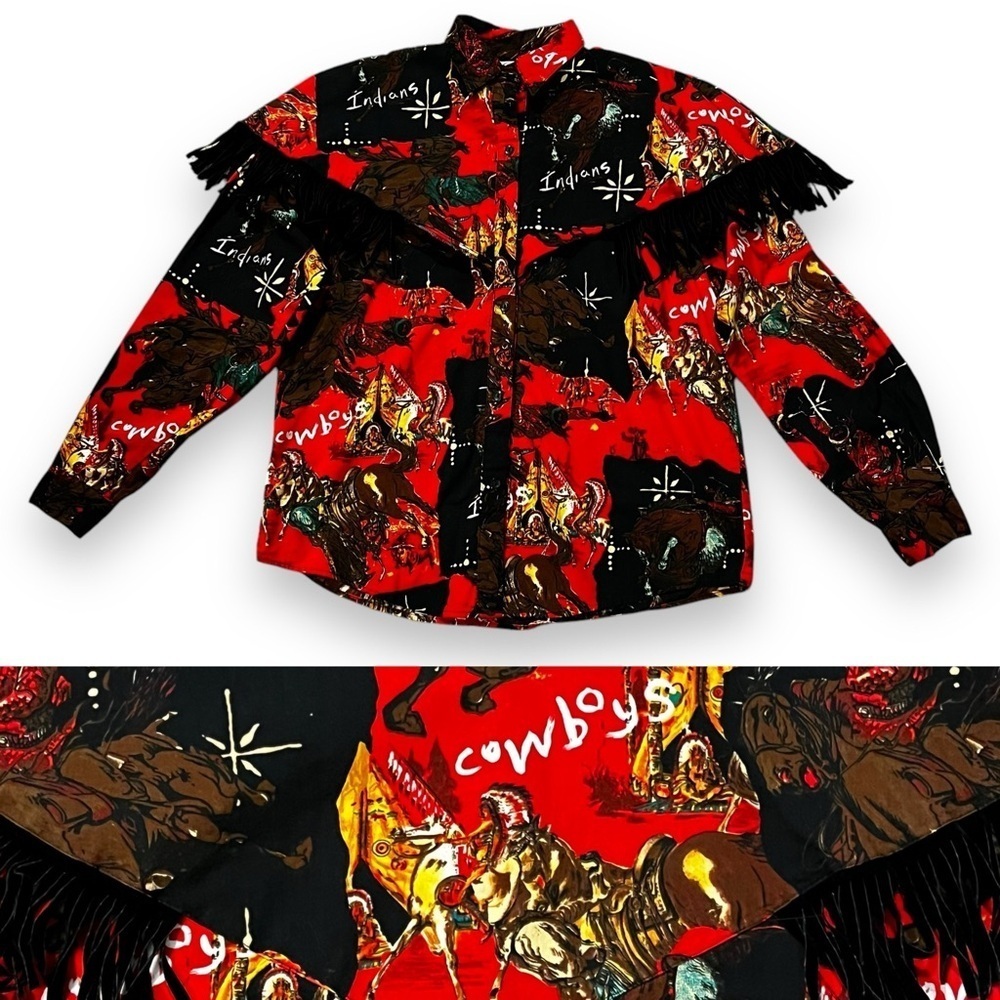 Rafter JX Western Shirt Cowboys Indians Novelty Print Black Fringe Small Vintage
